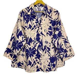 NWOT Harve Benard Linen Blend Floral Button Down Shirt 2X 3/4 Sleeves Hibiscus